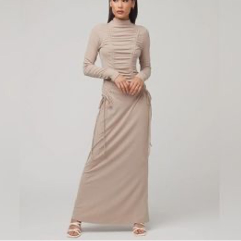 Zahraa The Label Ruched Tie Ribbed Beige Maxi Dress Size Medium - Picture 13 of 14